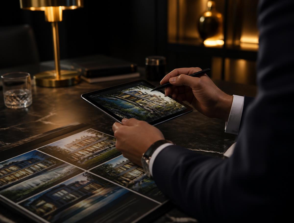 Consultor analisando um planejamento patrimonial imobiliário em um tablet