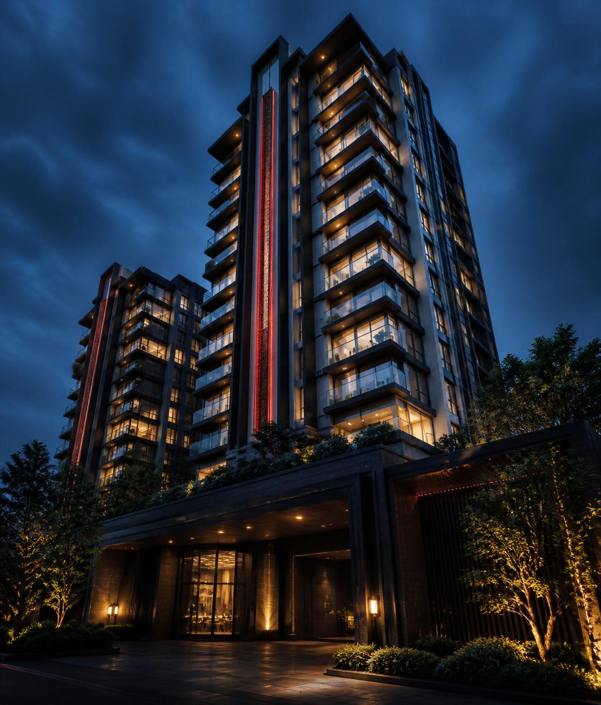 Edifícios residenciais modernos de alto padrão iluminados ao entardecer
